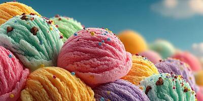 Colorful ice cream scoops stacked on a sunny day with a clear sky backdrop near a beach location photo