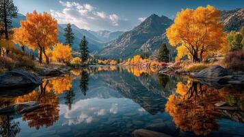 Stunning autumn landscape with colorful trees reflecting in tranquil river under blue sky photo