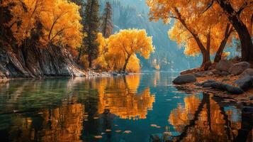 Autumn colors reflect in a tranquil river surrounded by vibrant trees in a peaceful landscape photo
