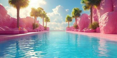 Relaxing afternoon by a vibrant pink pool surrounded by palm trees on a sunny day photo
