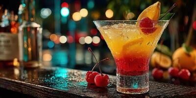 Colorful cocktail garnished with cherry and citrus slice under city lights during a vibrant evening photo
