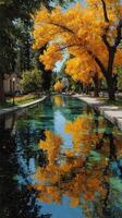 Serene autumn reflection over a tranquil river with golden trees lining the banks in a peaceful park setting photo
