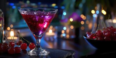 Colorful cocktail garnished with cherries set against a vibrant nightlife backdrop photo