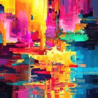 Vibrant abstract art representing a colorful landscape with reflections in a pool of water during the day photo