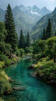 Beautiful river winding through lush green forest with distant snow-capped mountains under a cloudy sky photo