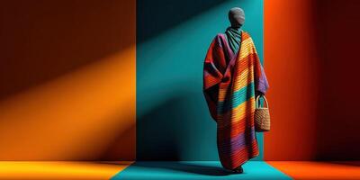 Colorful fashion display featuring a model in vibrant attire against a bold background during a creative studio session photo