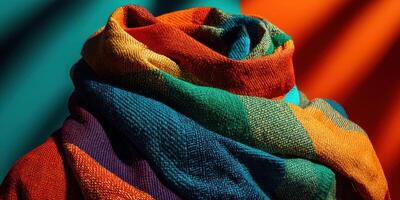 Brightly colored woven scarf displayed against bold background colors in a creative textile setting photo