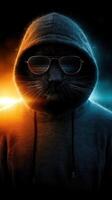Cool cat figure wearing a hoodie and sunglasses in a dramatic light setting during evening hours photo