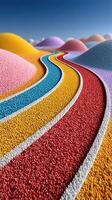 Colorful sand patterns create a vibrant landscape with rolling hills under a clear blue sky photo