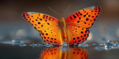 Colorful butterfly perched on water droplets in a serene natural setting during golden hour photo