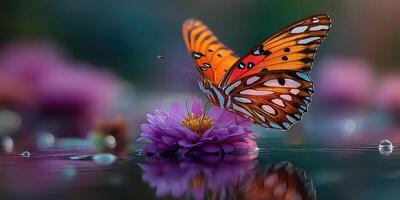 Butterfly perched delicately on purple flower amidst serene water droplets in a tranquil garden setting at dawn photo