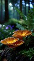 Mushrooms glowing in the forest under soft sunlight amidst greenery and flowers during early morning hours photo