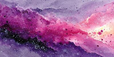 Colorful cosmic watercolor painting depicting a vibrant galaxy with shades of purple, pink, and gold photo