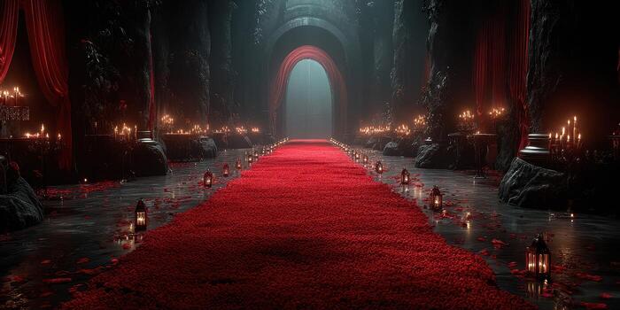 Elegant red carpet leading to an illuminated archway in a dimly lit, atmospheric setting photo