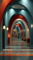 Colorful arches create a vibrant and inviting hallway in a modern building photo