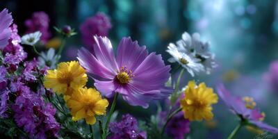 Vibrant wildflowers blooming in a lush garden during the early morning hours with soft sunlight filtering through trees photo