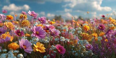Vibrant wildflower field under a blue sky with billowing clouds in early spring photo