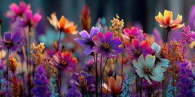 Vibrant spring flowers blooming in a colorful array in a lush garden during sunset photo