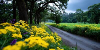 Vibrant wildflowers lining a serene tree-lined road in a lush green landscape during a cloudy day photo