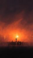Crowd celebrates victory at sunset with trophy raised amidst smoky atmosphere photo