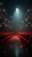 Dark theater illuminated by a single spotlight creating an inviting yet mysterious atmosphere during a quiet moment before a show starts photo