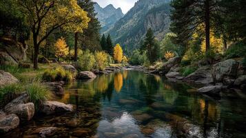 Autumn reflections in a tranquil mountain stream surrounded by vibrant foliage in a serene valley photo