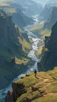 Majestic canyon landscape with solitary figure overlooking winding river during golden hour in serene wilderness photo