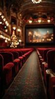 Elegant red velvet seats line the aisle of a historic theater decorated for the holidays with a film screen in the background photo