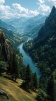Breathtaking valley landscape with a winding river and majestic mountains under a vibrant blue sky photo