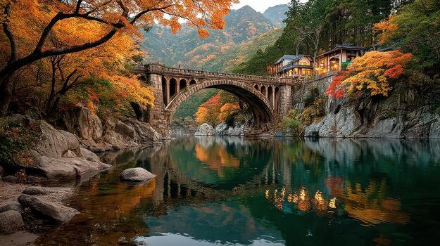 Beautiful autumn landscape featuring a historic bridge over a calm river surrounded by colorful trees and mountains photo