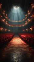 Glistening light fills an empty theater showcasing elegant architecture and red seating during a quiet afternoon photo