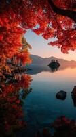 Vibrant autumn landscape by a tranquil lake at sunset with colorful foliage and reflections photo