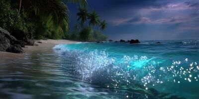 Vibrant waves gently crashing on a tropical beach at dusk with palm trees and a colorful sky photo