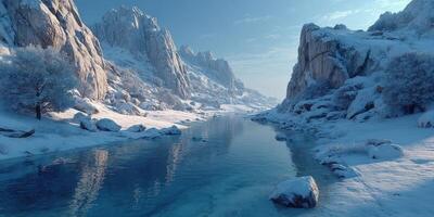 Winter landscape with mountains and a tranquil river reflecting the sky and snow-covered terrain in a serene natural setting photo