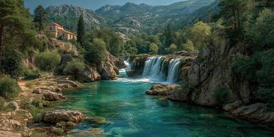 Beautiful waterfall cascading into a serene river surrounded by lush greenery in a mountainous region photo