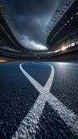 Track view of a modern stadium at twilight with dramatic cloud formation and bright sporting lights photo
