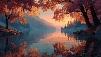 Stunning autumn landscape reflects vibrant orange and red foliage over calm lake at sunset in a serene mountain setting photo