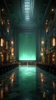 Elegant vintage theater interior with green backdrop and ornate design during evening hours photo