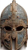 Intricate design of a medieval warrior helmet showcasing detailed craftsmanship and historical significance photo