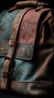 Detailed leather bag with intricate designs displayed on a dark background highlights craftsmanship and style photo