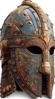 Unique armor helmet showcasing intricate designs and ancient craftsmanship displayed against a neutral background photo