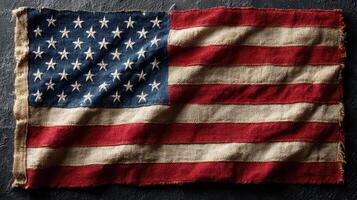 Vintage American flag draped on a textured surface, showcasing its historical colors and worn fabric photo