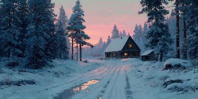 Winter sunset illuminates a cozy cabin in a snowy forest with tranquil surroundings photo