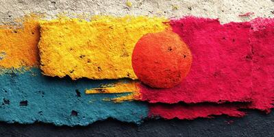 Vibrant abstract art featuring yellow, blue, and red colors with textured details in a dynamic composition photo