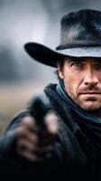 Intense standoff in a misty landscape with a cowboy drawing his weapon at dusk photo