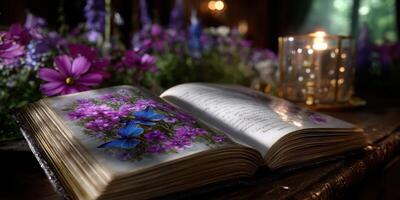 Nature-themed book open on a table surrounded by flowers and candlelight in a cozy setting photo