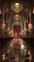 Elegant ballroom decorated with chandeliers and luxurious red curtains in a historical setting photo
