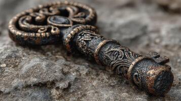 Ornate antique key resting on rough stone surface, showcasing intricate designs and historical significance photo