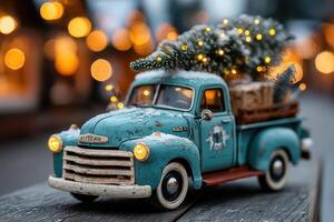 Vintage truck decorated with Christmas tree and presents during a festive market evening photo