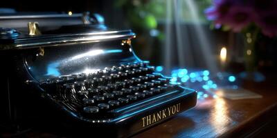 Vintage typewriter with thank you note and soft lighting creating a warm atmosphere for writing photo